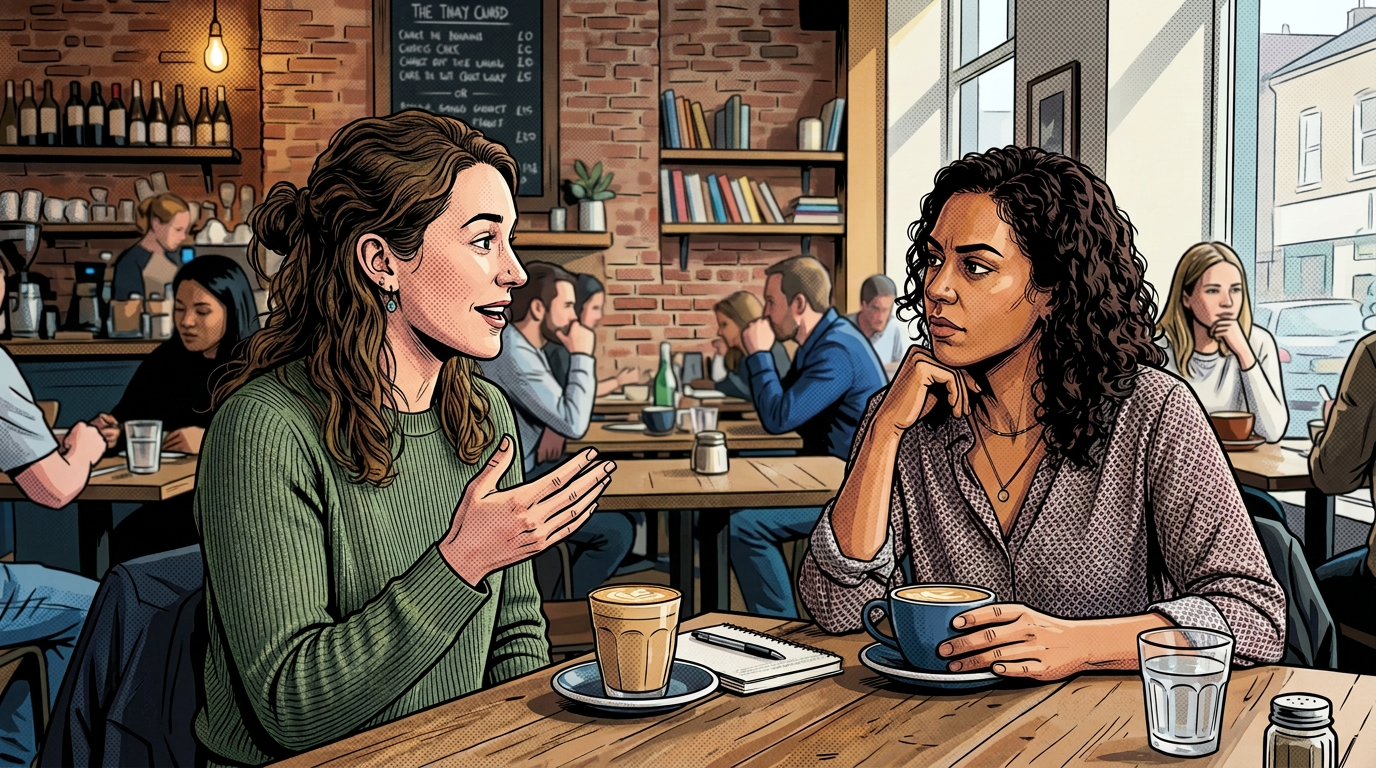Two women talking over coffee at a busy café table