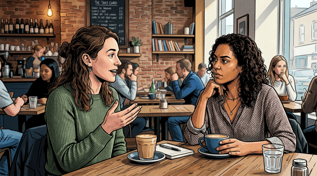 Two women talking over coffee at a busy café table
